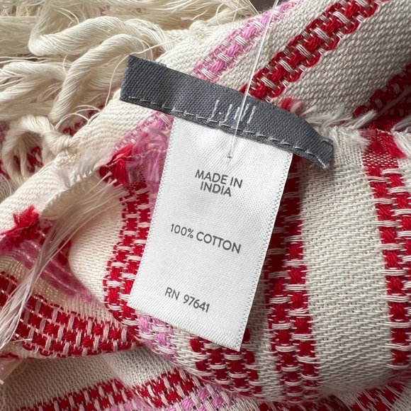 J Jill Scarf Red Blue Cream Striped Cotton Geranium Fringe 70" x 46" NEW - Picture 5 of 6
